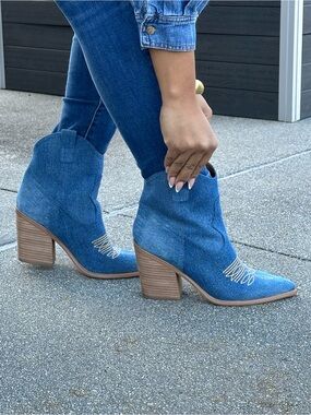 Marc Fisher- Denim Blue Western Block Heel Ankle Boots
